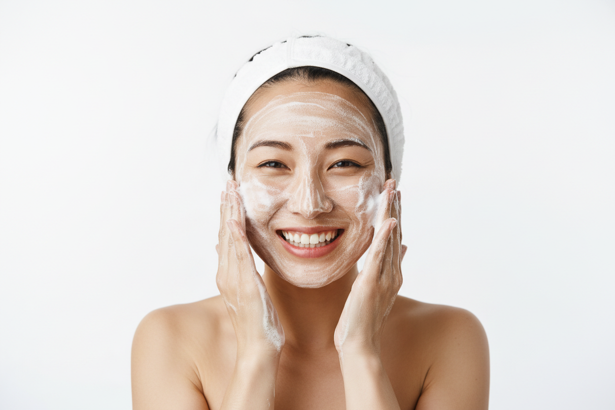 Woman washing her face with cleanser